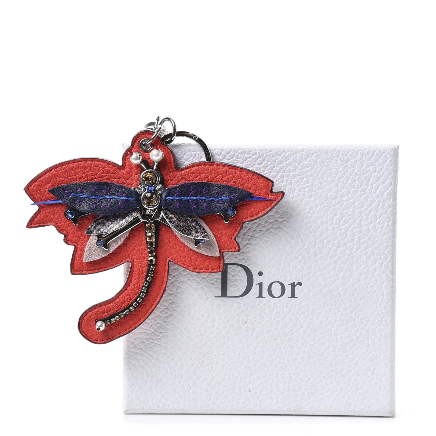 Grained Calfskin Dragonfly Charm Key Ring Red Multicolor