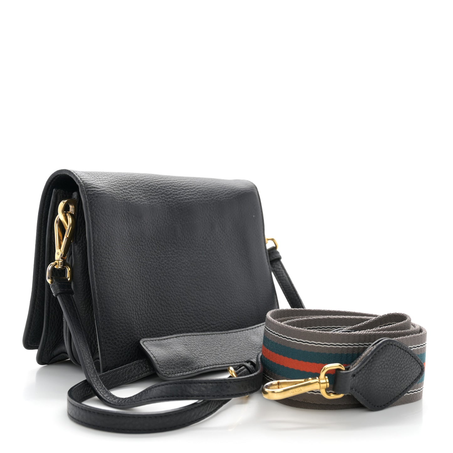 Vitello Daino Double Strap Flap Crossbody Black