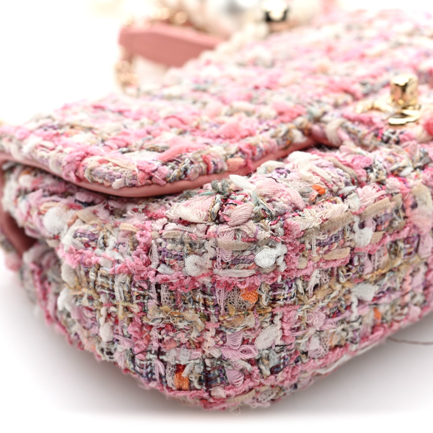 Tweed Mini Pearl Handle Flap Pink Beige Orange Ecru