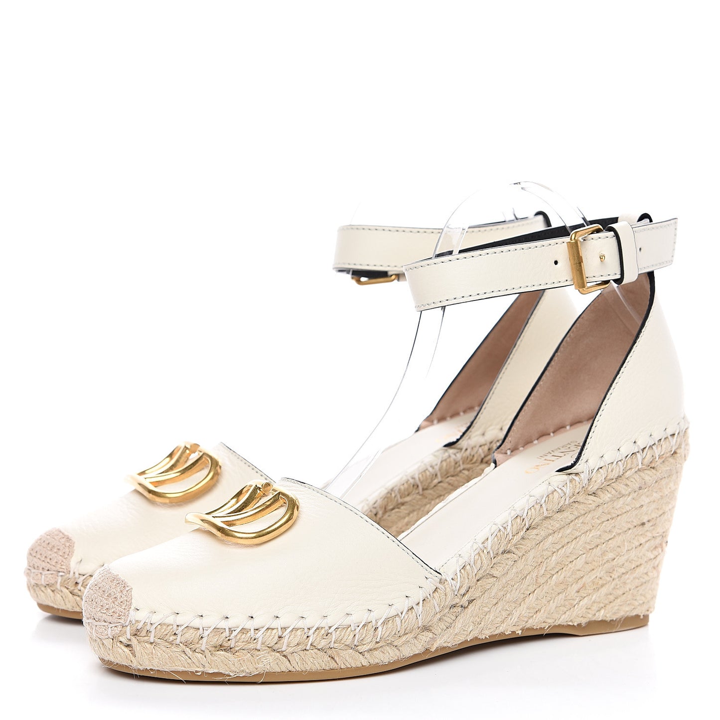 Grained Calfskin VLogo Ankle Wrap Espadrille Wedges 41 Light Ivory