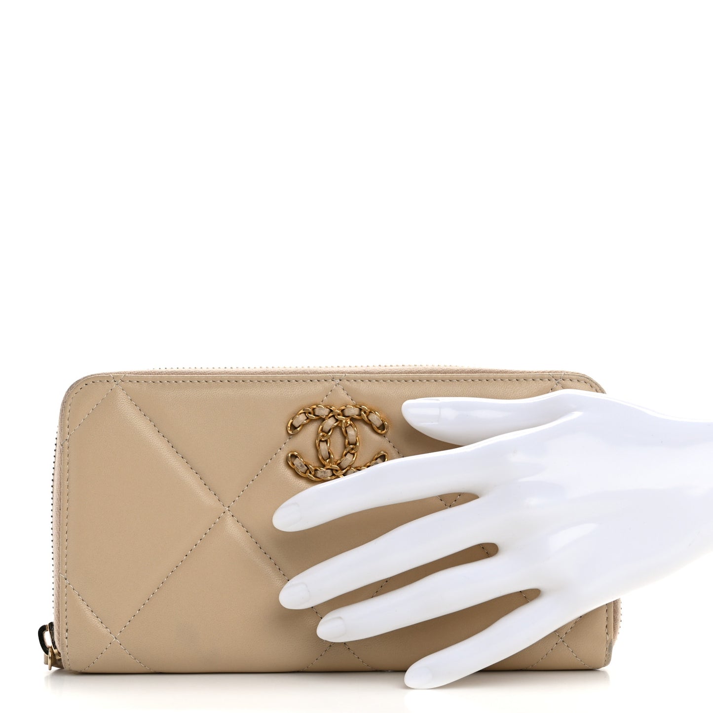 Shiny Goatskin Quilted 19 Long Zipped Around Wallet Beige