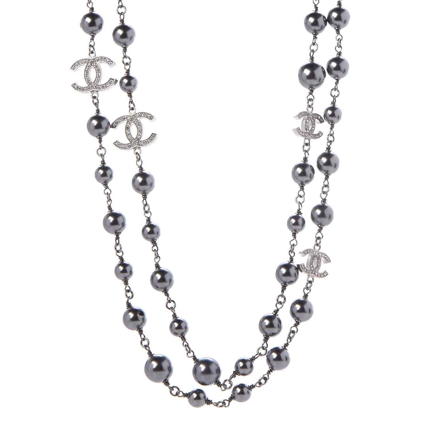 Chanel Pearl Crystal CC Long Necklace Silver Grey 1 of 6