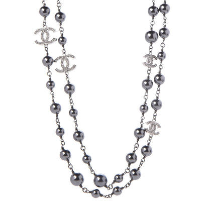 Chanel Pearl Crystal CC Long Necklace Silver Grey 1 of 6