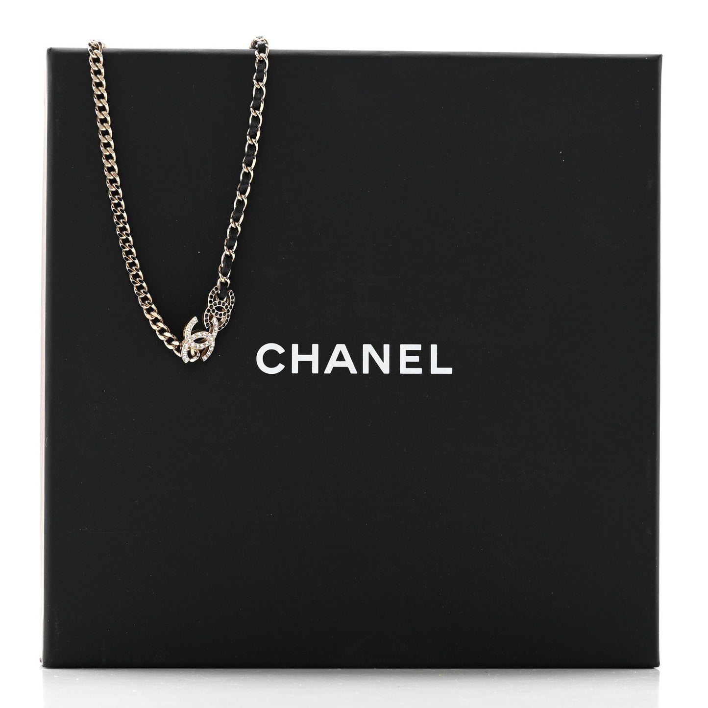 Metal Calfskin Crystal Double CC Short Necklace Black Gold