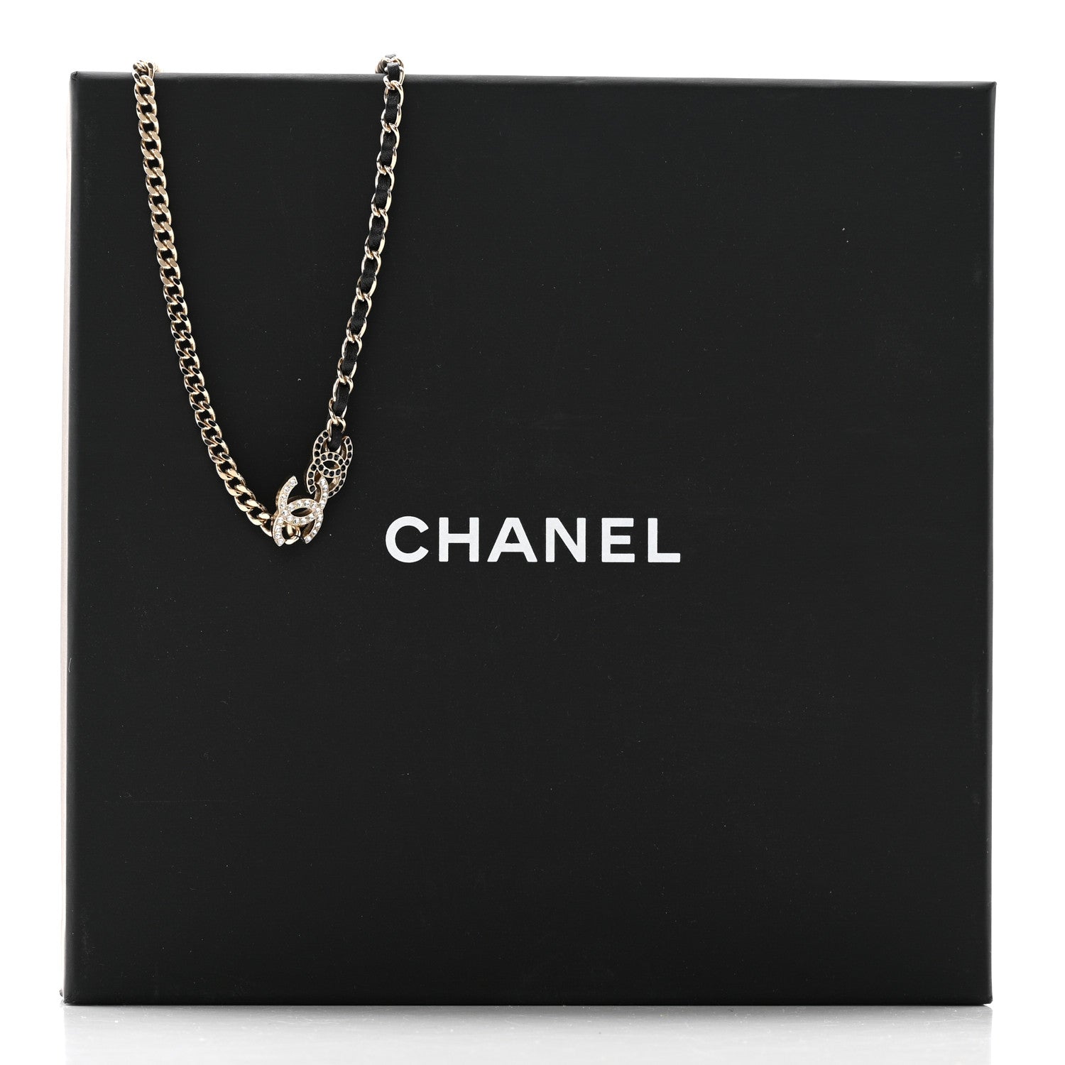 Chanel Metal Calfskin Crystal Double CC Short Necklace Black Gold 6 of 6