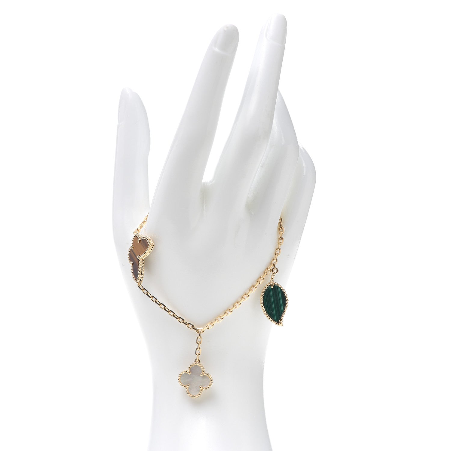 Van Cleef & Arpels 18K Yellow Gold Mother of Pearl Malachite Carnelian Tiger Eye 4 Motifs Lucky Alhambra Bracelet 2 of 7