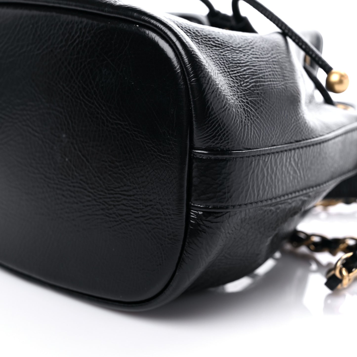 Shiny Aged Calfskin CC Chain Mini Drawstring Bag Black