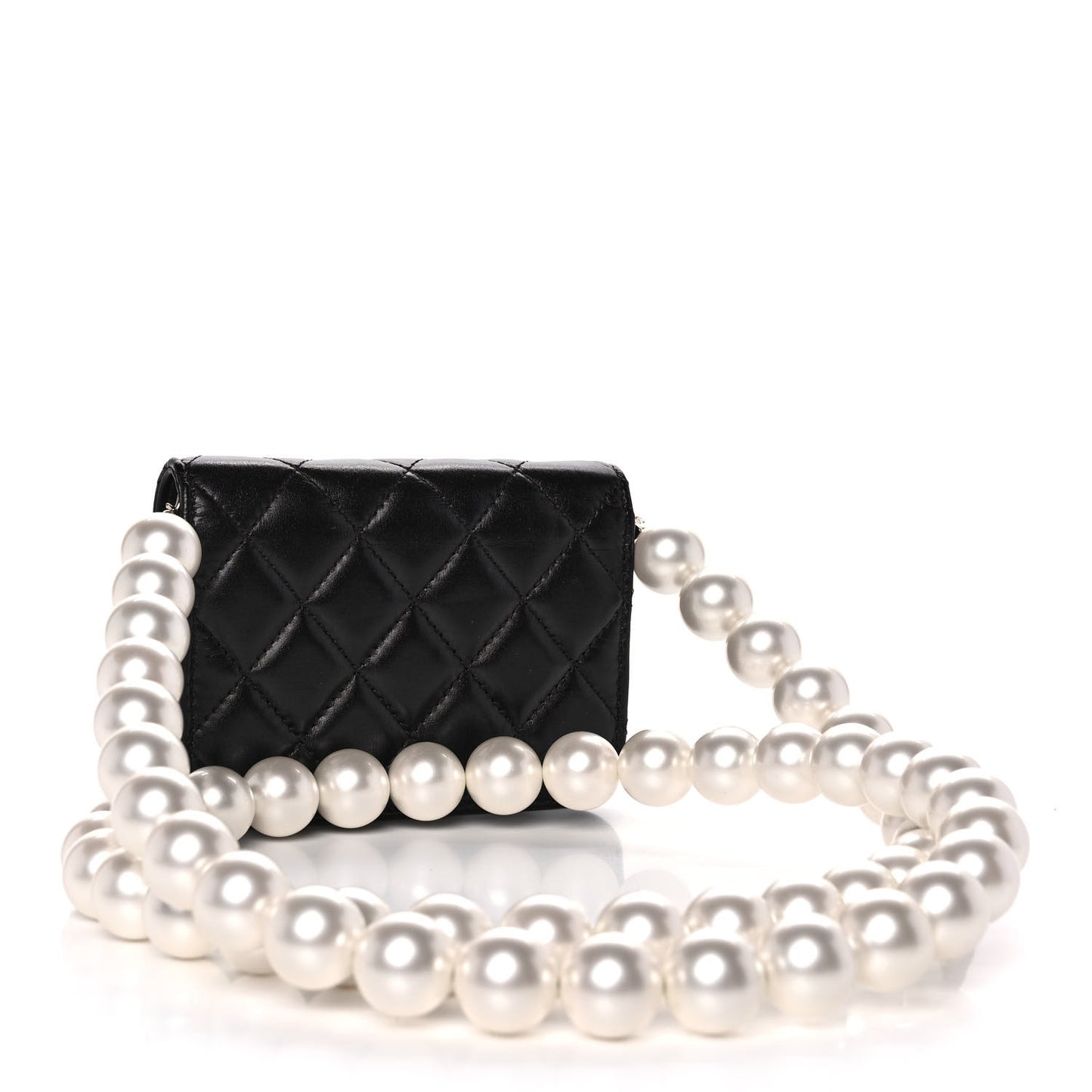 Calfskin Quilted Maxi Pearls Card Holder Flap With Chain Black