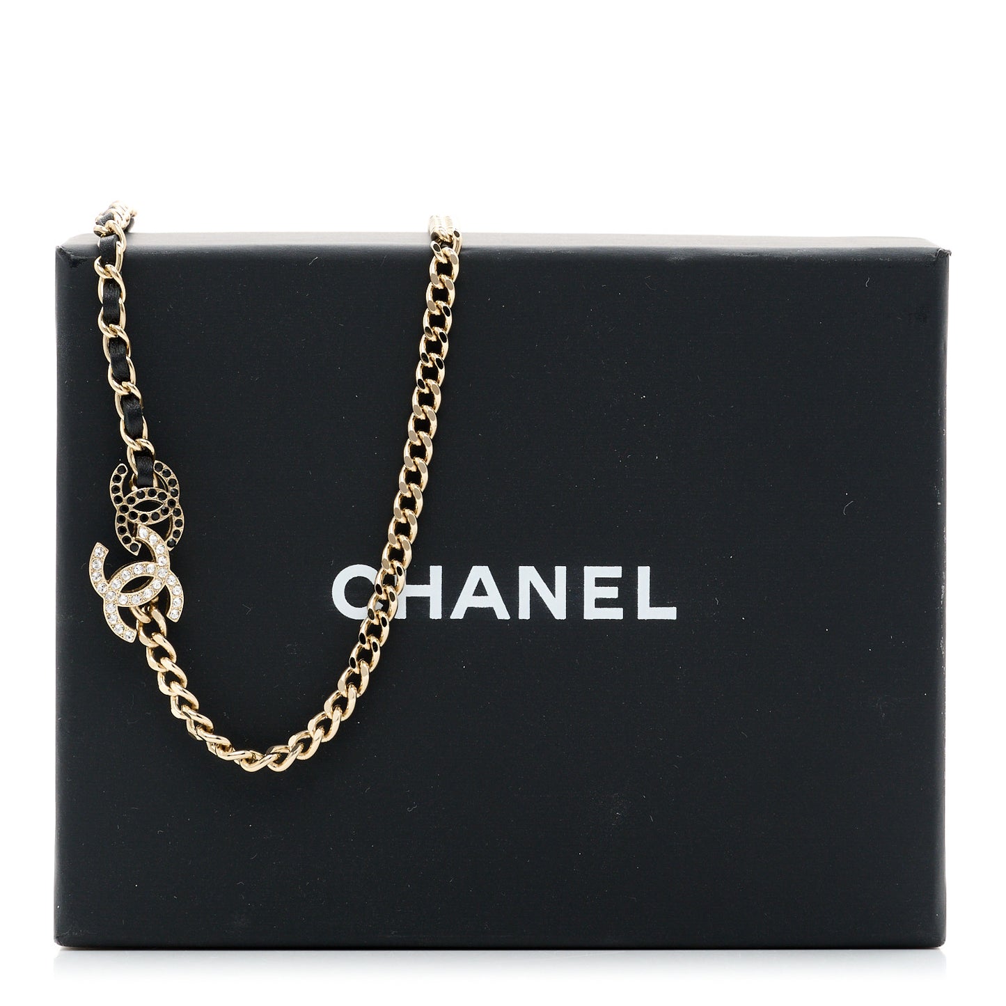 Metal Calfskin Crystal Double CC Short Necklace Black Gold