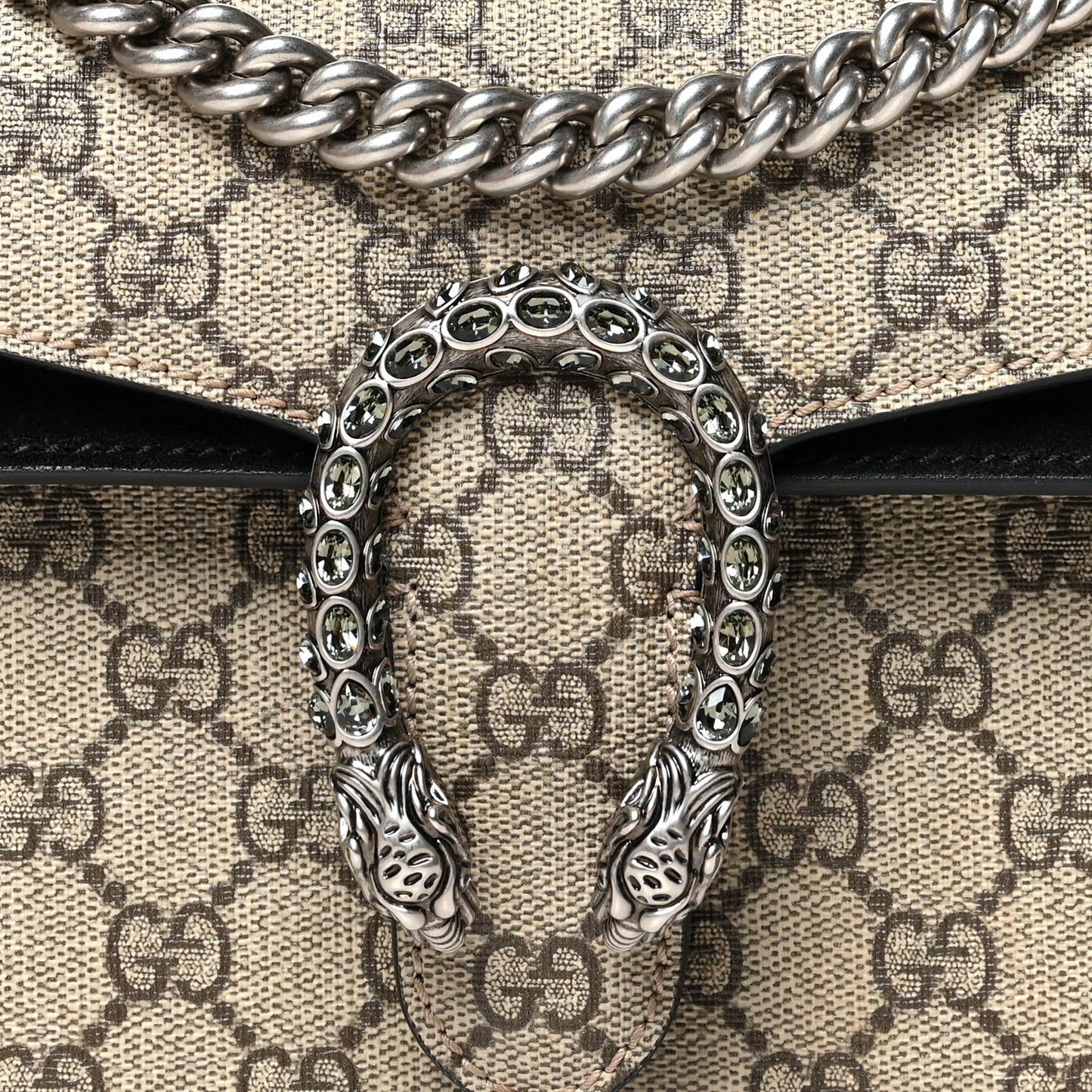 GG Supreme Monogram Suede Crystal Small Dionysus Shoulder Bag Beige Ebony Black