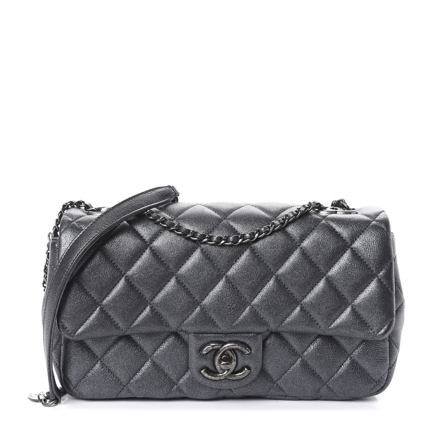 Metallic Calfskin Quilted Medium CC Eyelet Flap Dark Silver