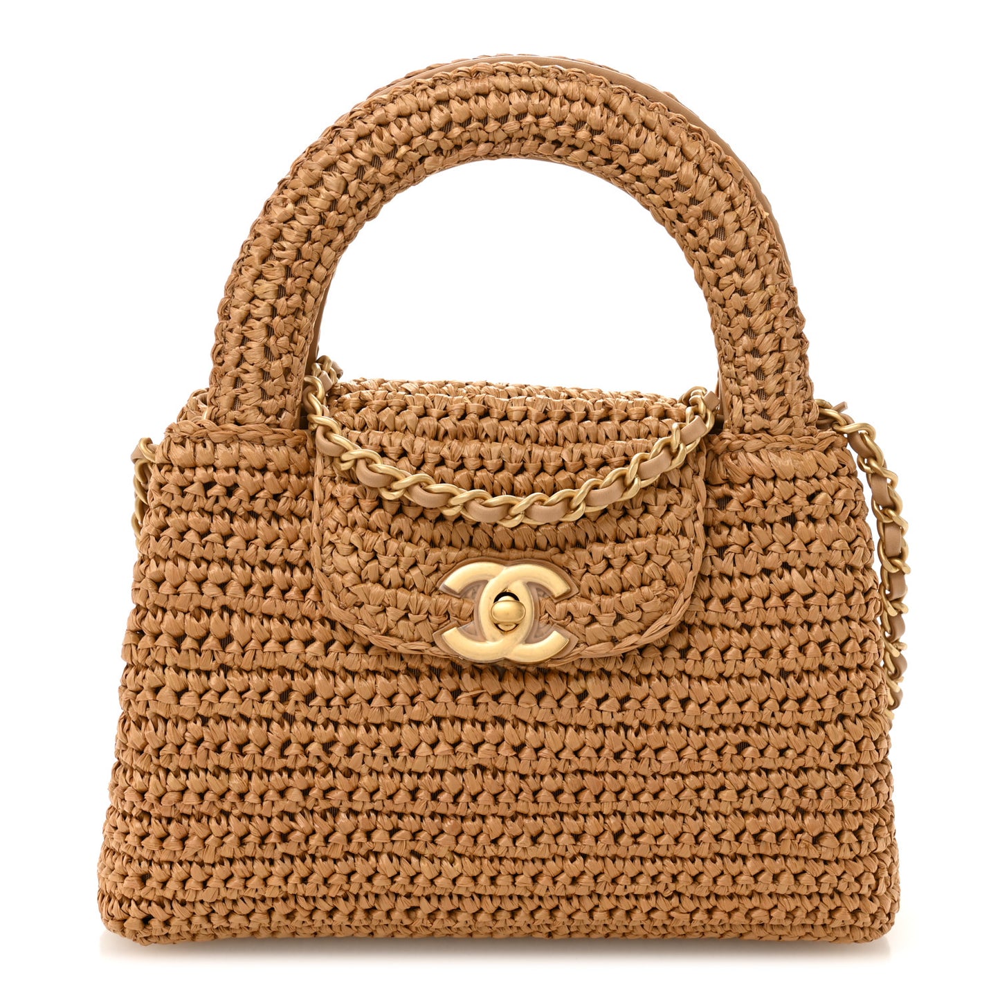 Braided Raffia Nano Kelly Flap Bag Dark Beige