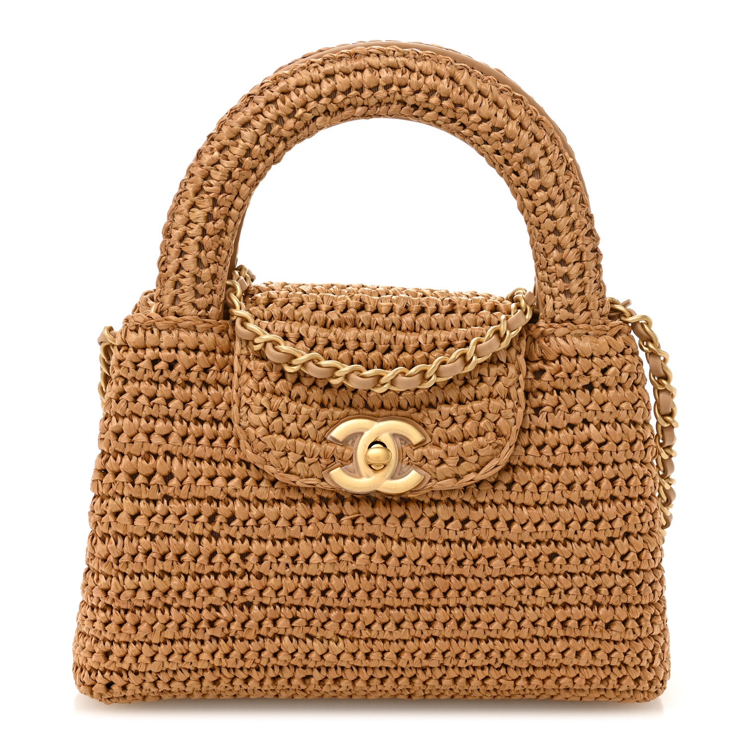 Chanel Braided Raffia Nano Kelly Flap Bag Dark Beige 1 of 11