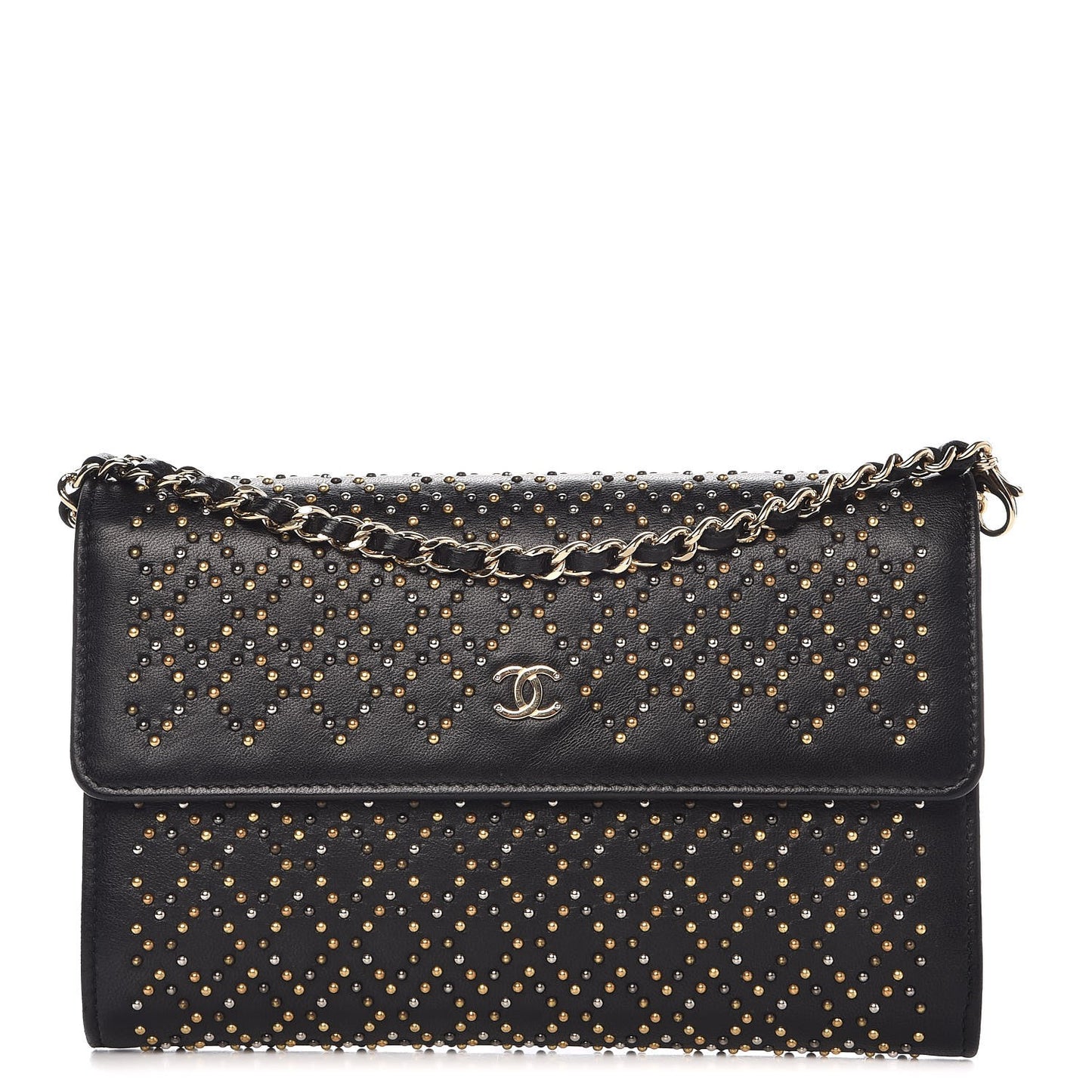 Lambskin Studded Chain Wallet Black