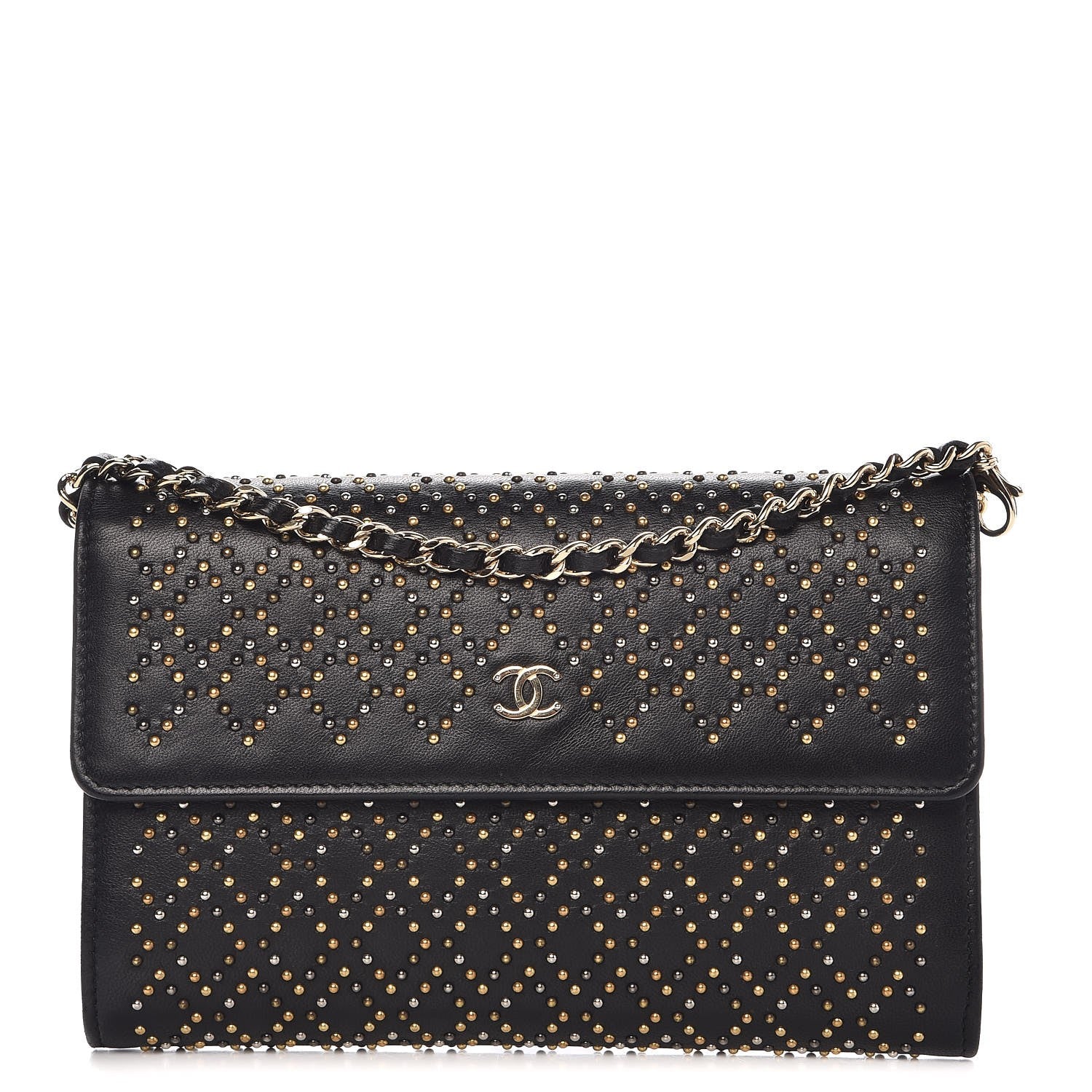 Chanel Lambskin Studded Chain Wallet Black 1 of 9