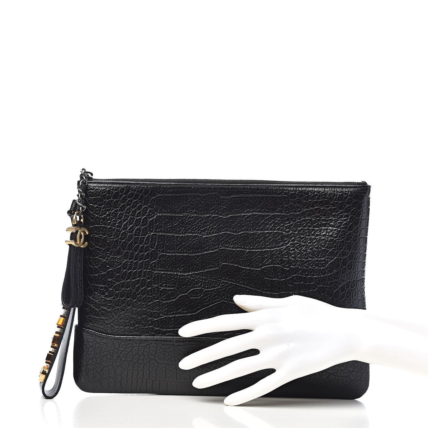 Calfskin Crocodile Embossed Quilted Medium Gabrielle Cosmetic Case Black
