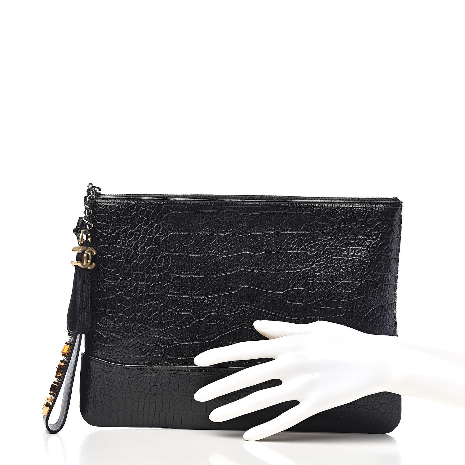 Chanel Calfskin Crocodile Embossed Quilted Medium Gabrielle Cosmetic Case Black 2 of 8