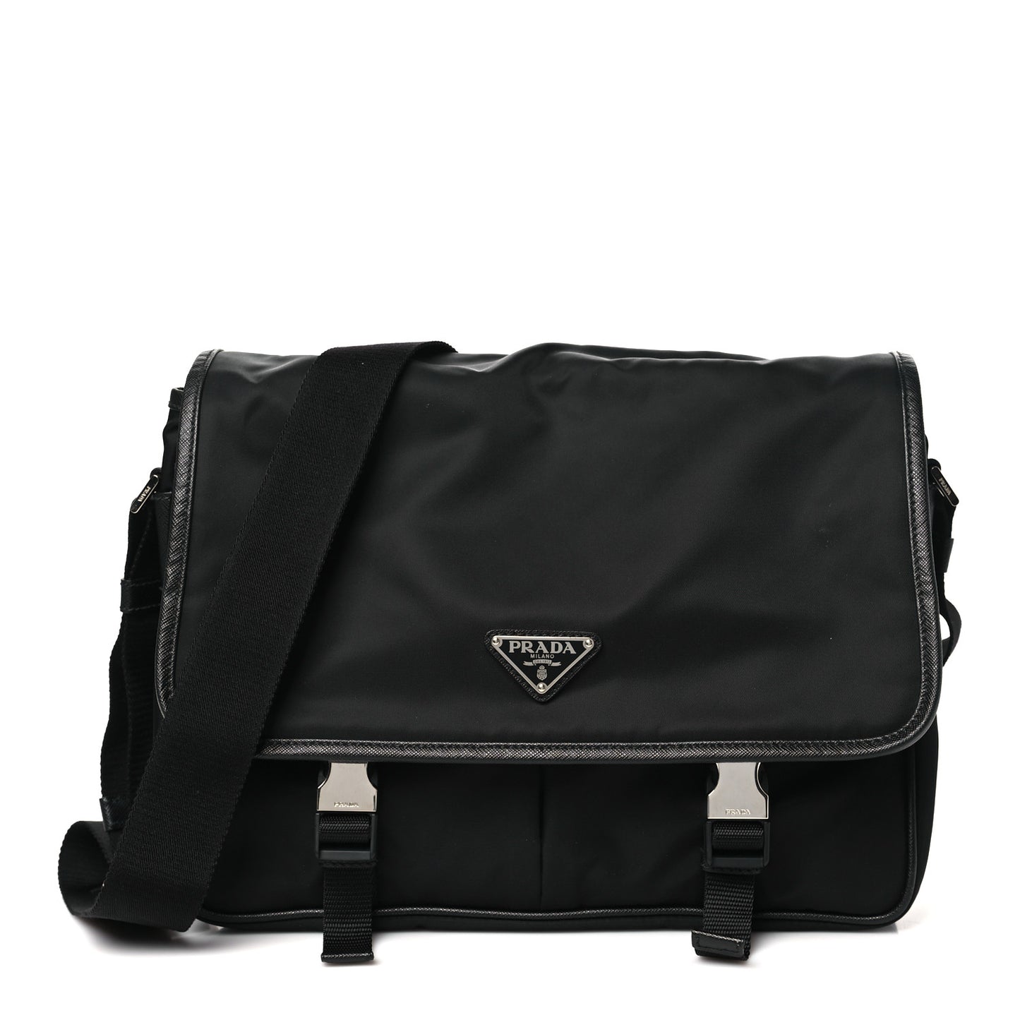 Tessuto Nylon Saffiano Large Double Snap Buckle Messenger Bag Black