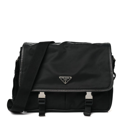 Prada Tessuto Nylon Saffiano Large Double Snap Buckle Messenger Bag Black 1 of 10