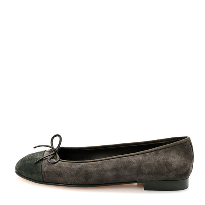 Chanel Suede Calfskin Cap Toe CC Ballerina Flats 38.5 Dark Khaki Dark Green 1 of 9