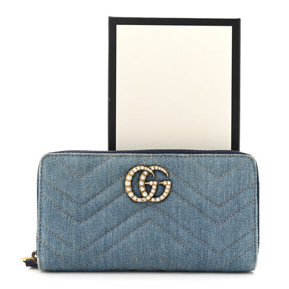 Gucci Denim Matelasse Pearly GG Marmont Zip Around Wallet Blue 12 of 12