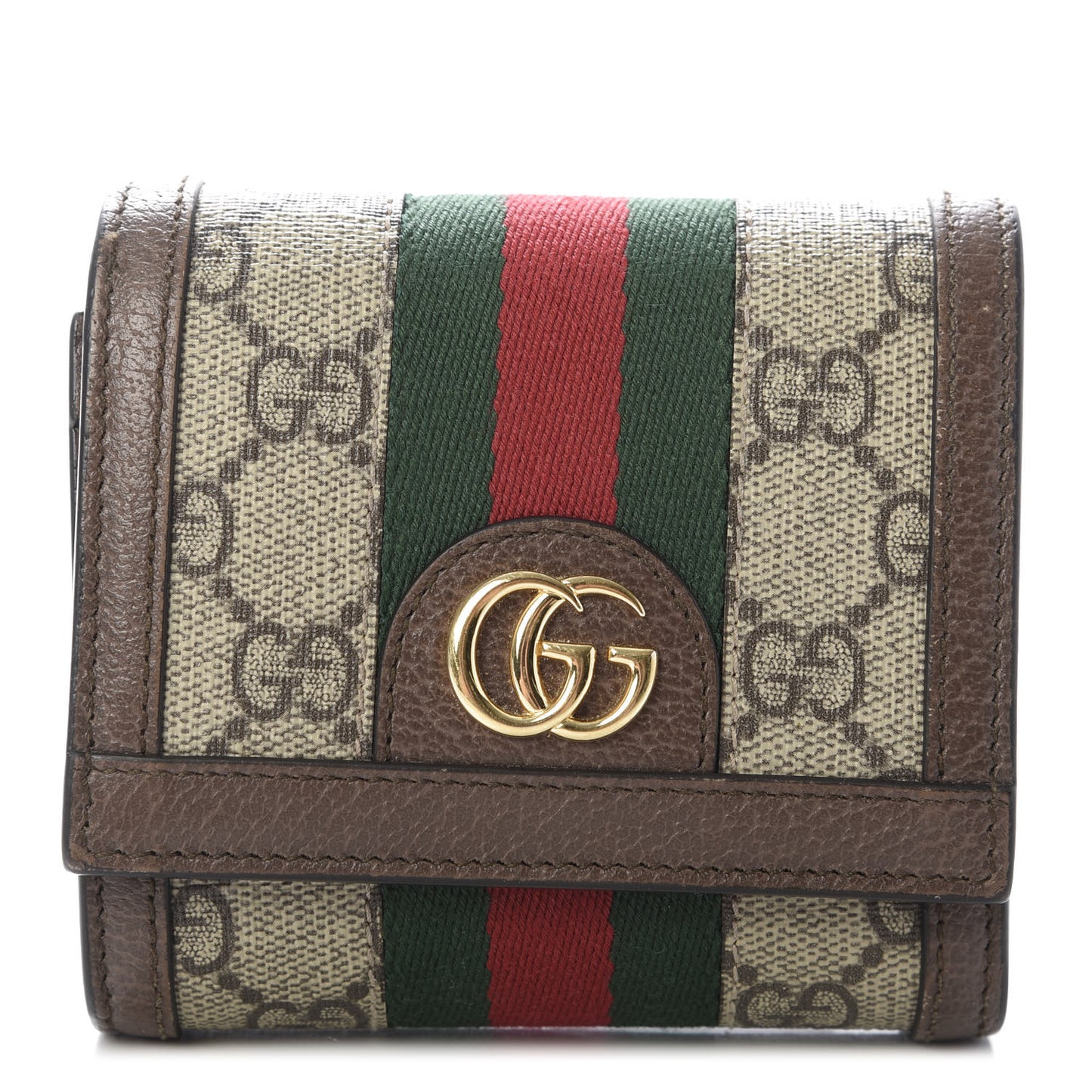 GG Supreme Monogram Textured Calfskin Web Ophidia Card Case Wallet Beige Ebony New Acero