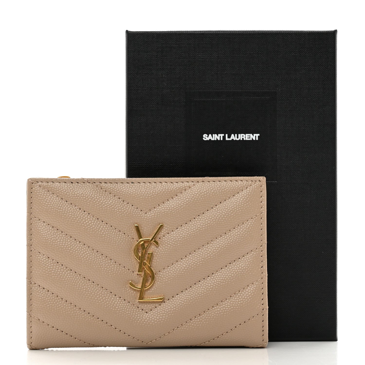 Saint Laurent Grain De Poudre Matelasse Chevron Cassandre Fragments Zipperred Bi-Fold Wallet Dark Beige 7 of 7