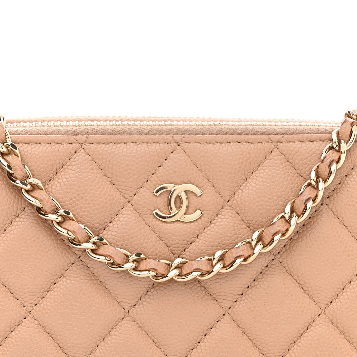 Caviar Quilted Small Clutch With Chain Beige