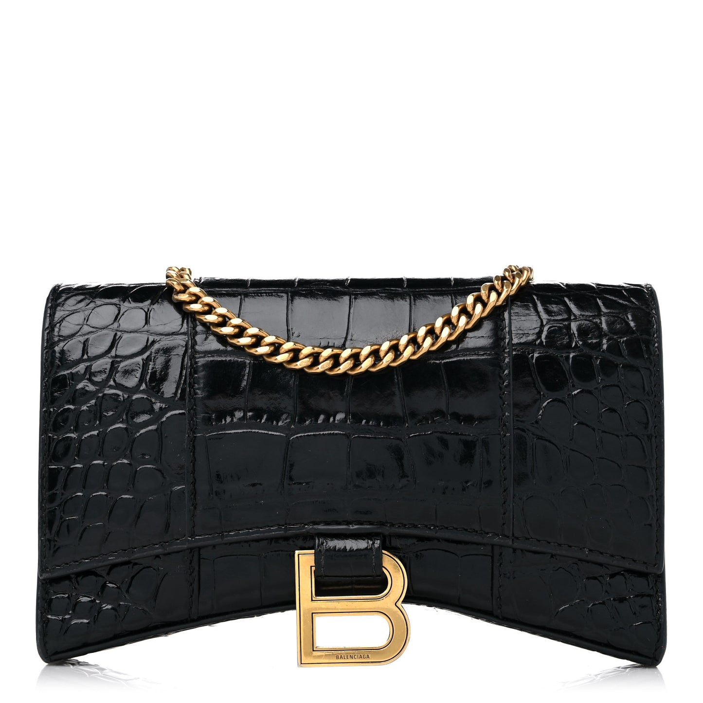 Shiny Calfskin Crocodile Embossed Hourglass Chain Bag Black