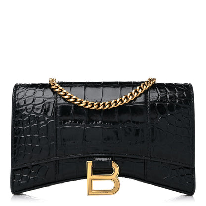 Balenciaga Shiny Calfskin Crocodile Embossed Hourglass Chain Bag Black 1 of 10