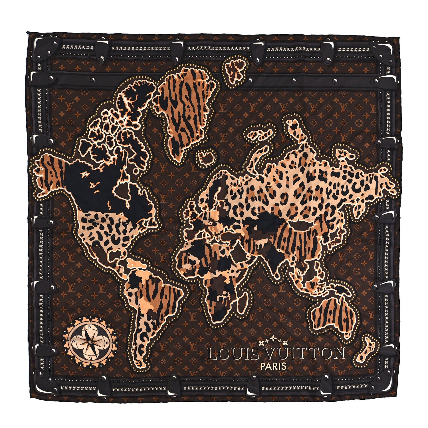 Louis Vuitton Silk Monogram LV World Square Scarf Brown 1 of 4