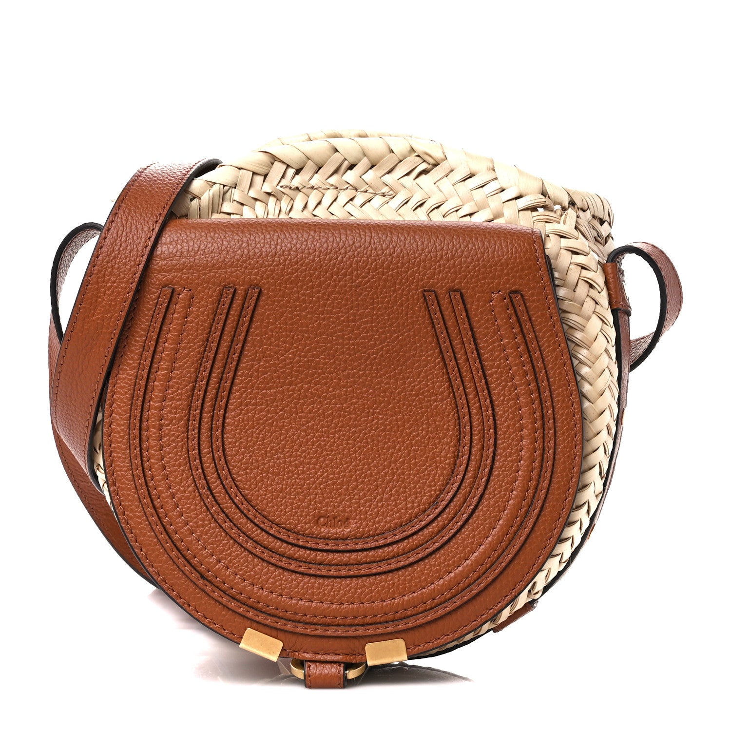 Chloe Raffia Small Grain Calfskin Small Marcie Basket Crossbody Tan 1 of 12