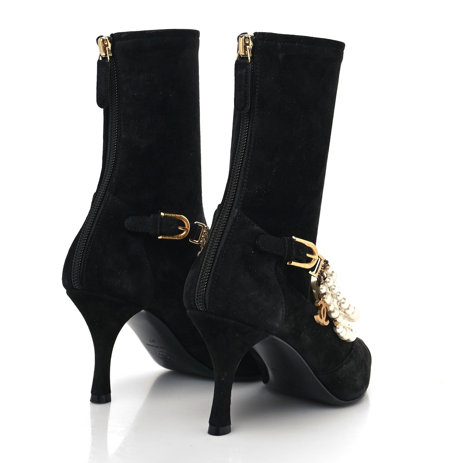 Chanel Stretch Suede Calfskin Grosgrain Pearl Multi Strand Cap Toe Ankle Boots 37 Black 4 of 7
