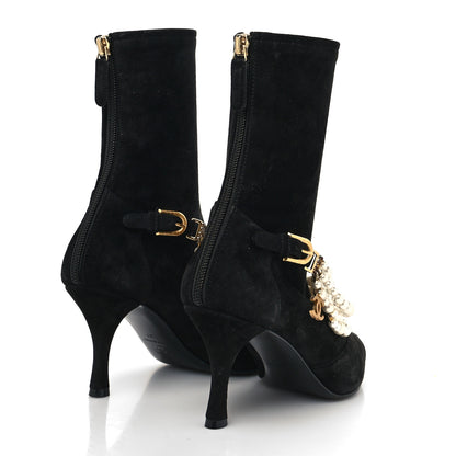 Chanel Stretch Suede Calfskin Grosgrain Pearl Multi Strand Cap Toe Ankle Boots 37 Black 4 of 7