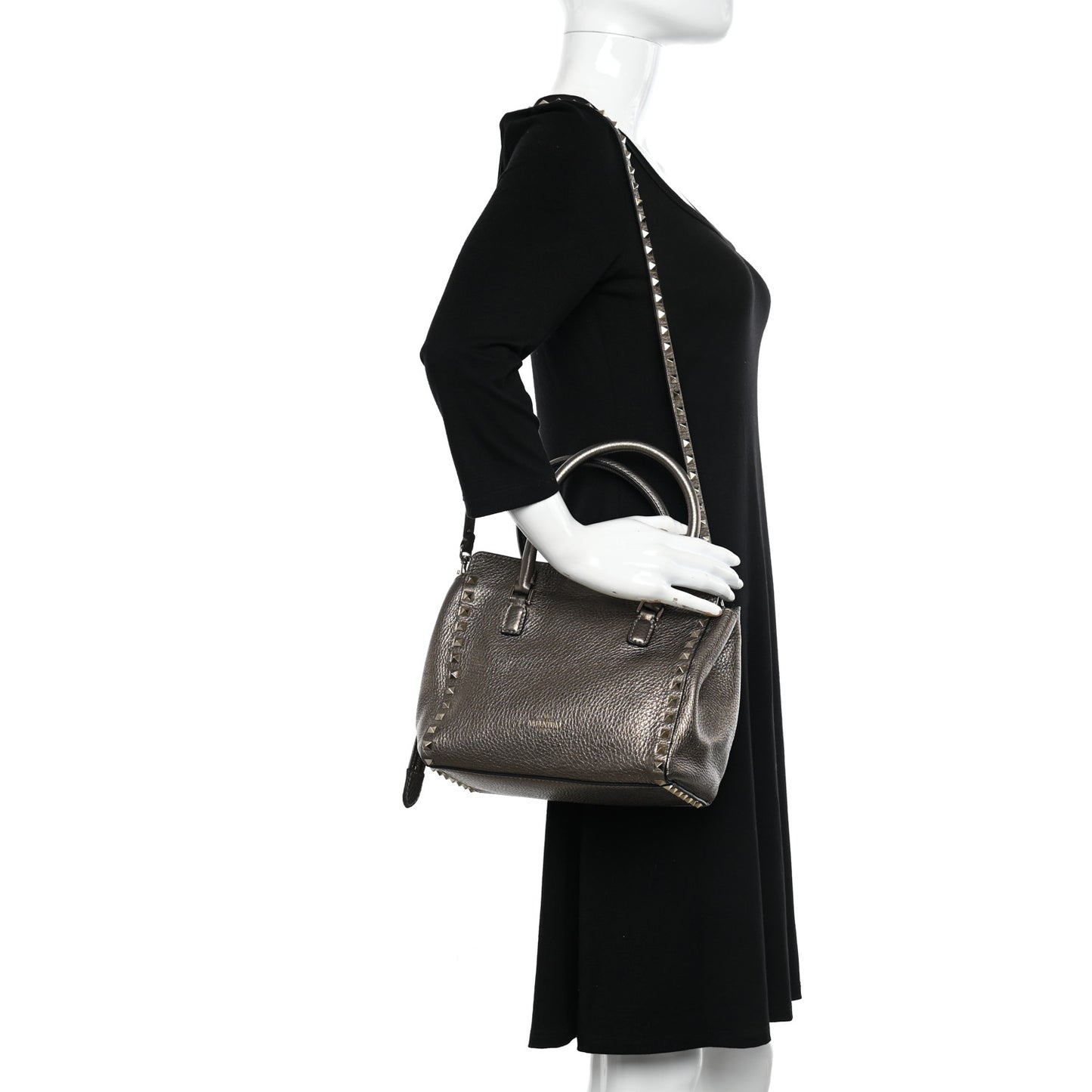 Metallic Grained Calfskin Rockstud Double Handle Tote Sasso