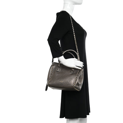Valentino Garavani Metallic Grained Calfskin Rockstud Double Handle Tote Sasso 2 of 10