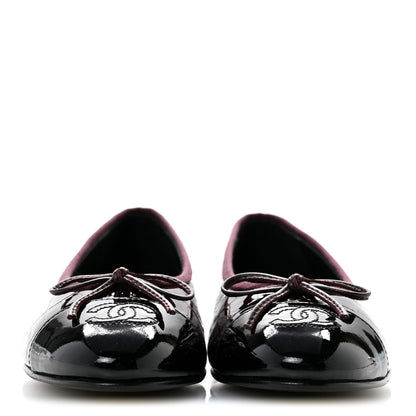 Chanel Patent Calfskin Crocodile Embossed Cap Toe CC Ballerina Flats 37 Dark Burgundy Black 3 of 10