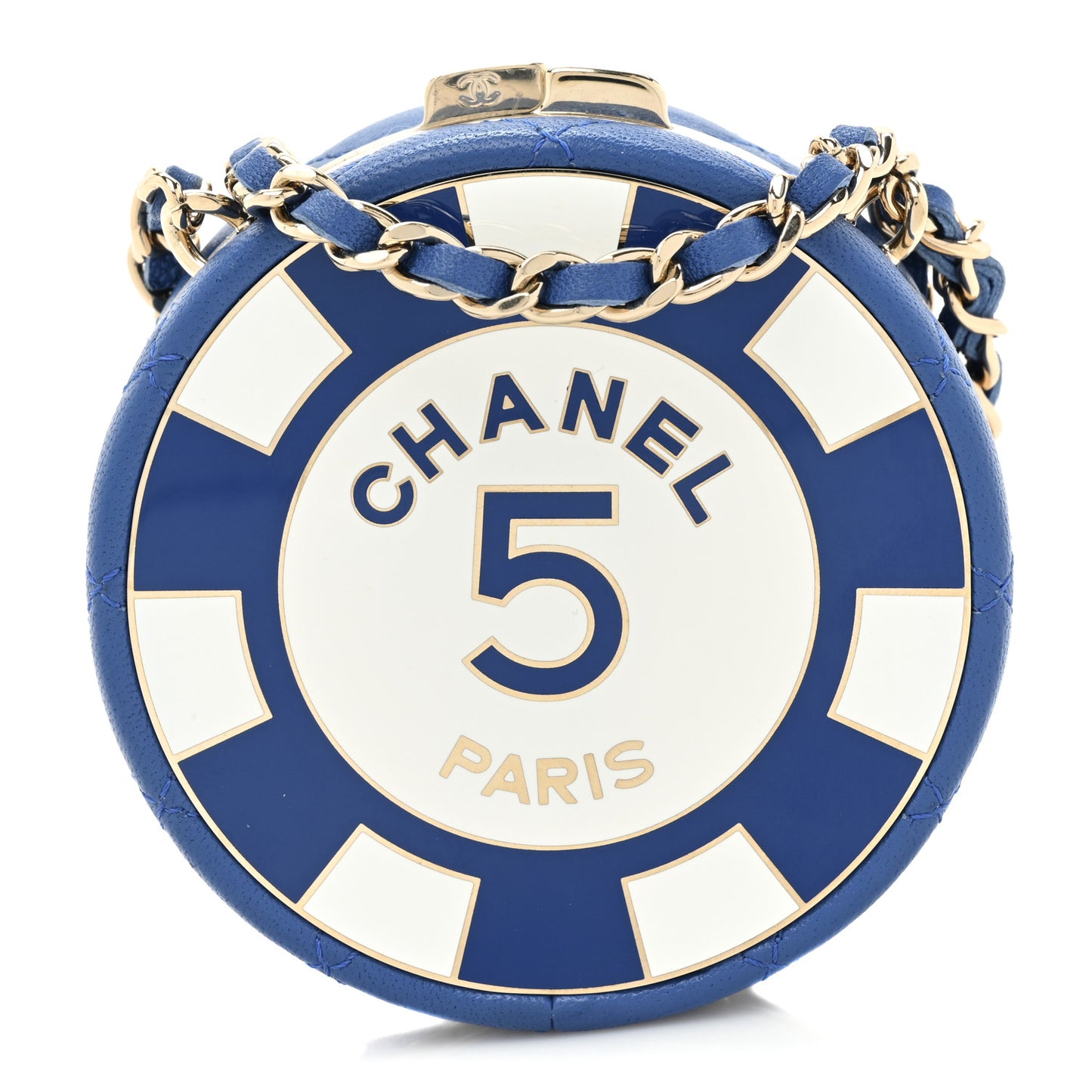 Lambskin Enamel Quilted Round Poker Chip Clutch With Chain Blue White