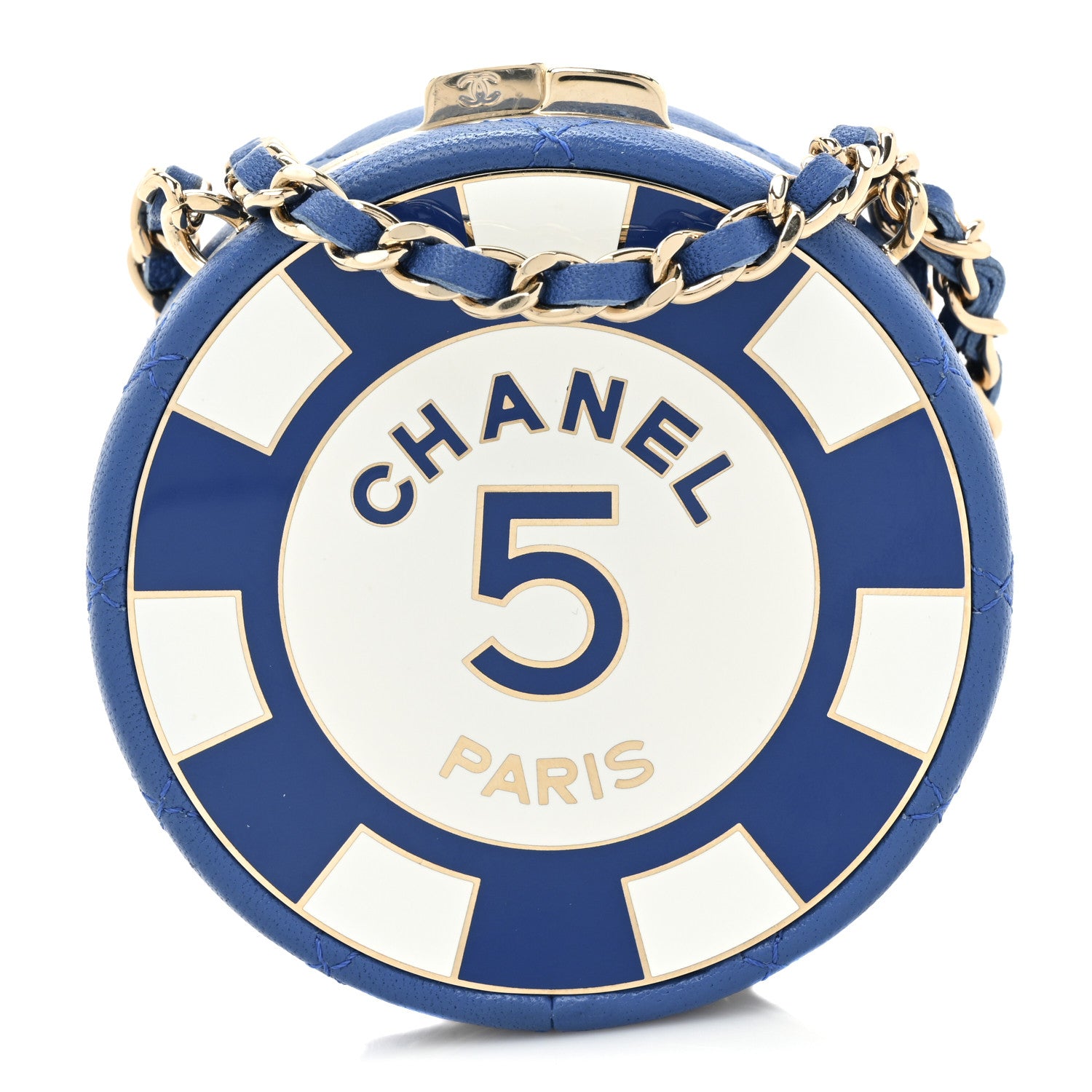 Chanel Lambskin Enamel Quilted Round Poker Chip Clutch With Chain Blue White 1 of 9