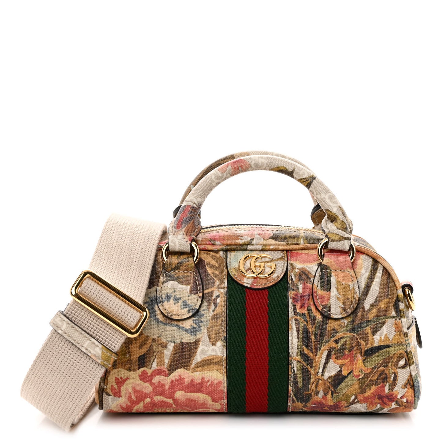 GG Supreme Monogram Water Flora Web Mini Ophidia Top Handle Bowler Bag Beige White Multicolor