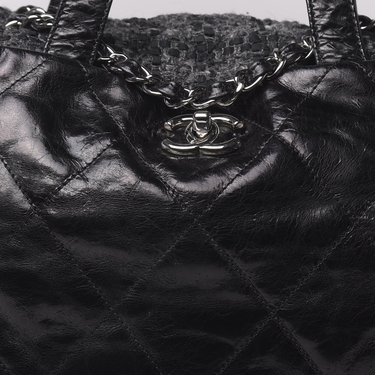 Glazed Calfskin Quilted Tweed Portobello Tote Black