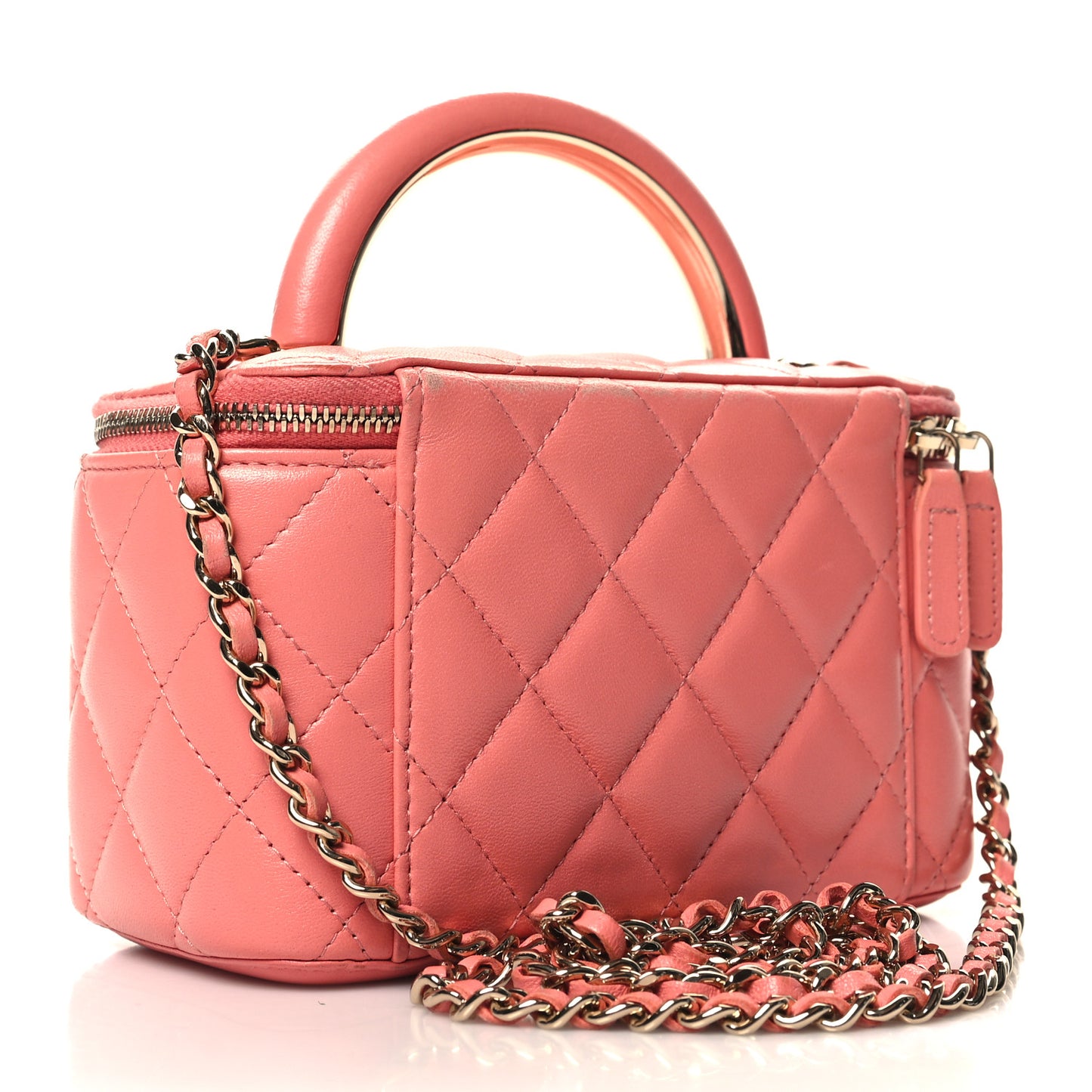 Lambskin Quilted Small Charming Top Handle Vanity Case With Chain Pink
