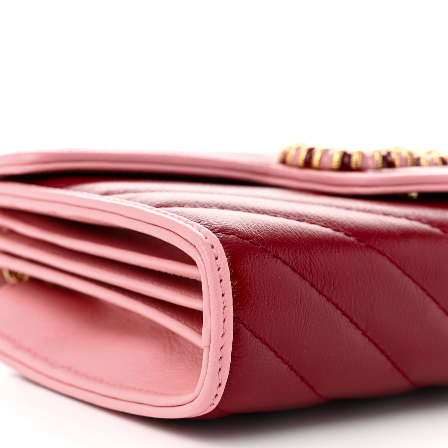 Azalea Calfskin Enamel Matelasse Diagonal Torchon GG Marmont Chain Wallet New Cherry Red Wild Rose
