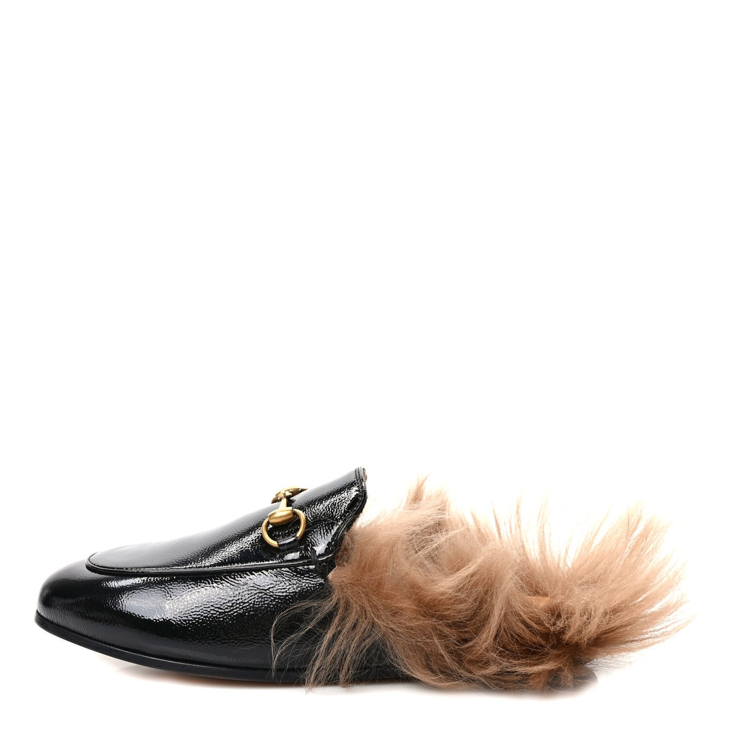 Patent Fur Womens Princetown Slippers 35.5 Black Natural