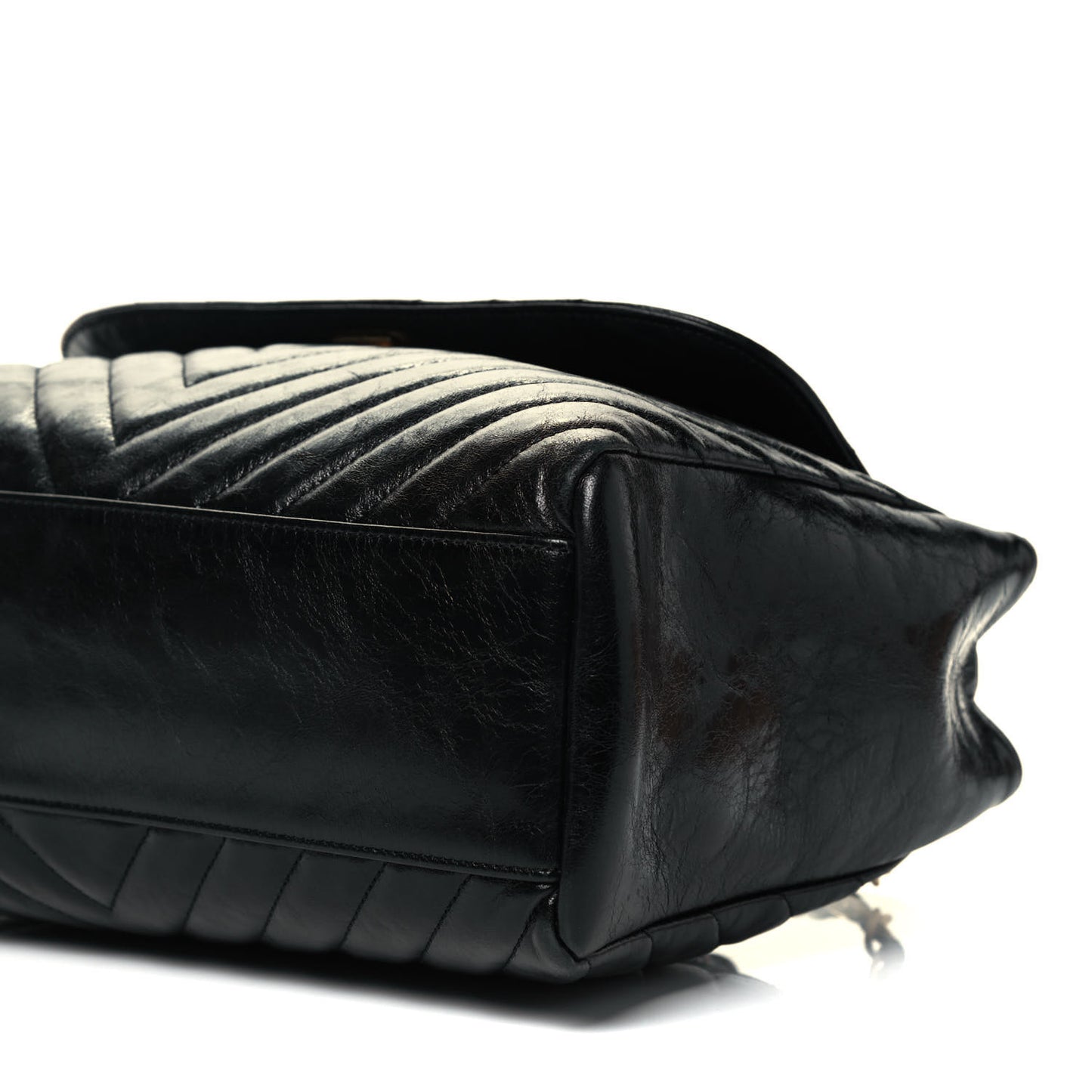 Glazed Calfskin Chevron Quilted Large Hampton Flap Black