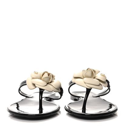 Chanel Jelly Camellia Thong Sandals 39 Black Ivory 2 of 7