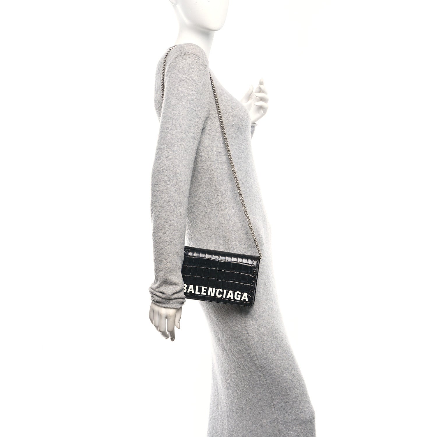 Balenciaga Shiny Calfskin Logo Crocodile Embossed Ville Wallet on Chain Black 2 of 13