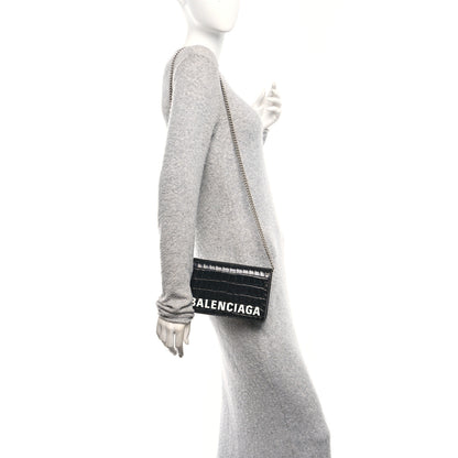 Balenciaga Shiny Calfskin Logo Crocodile Embossed Ville Wallet on Chain Black 2 of 13