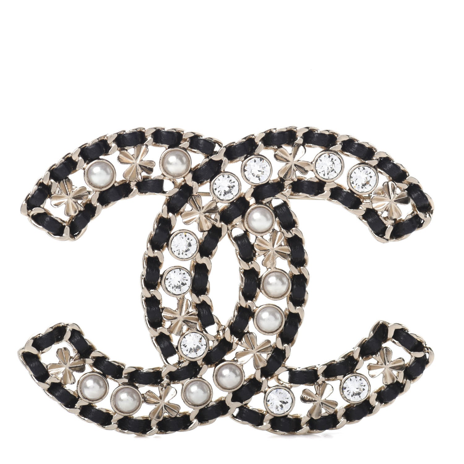 Chanel Metal Lambskin Crystal Sergeant Brooch Black Gold 1 of 4