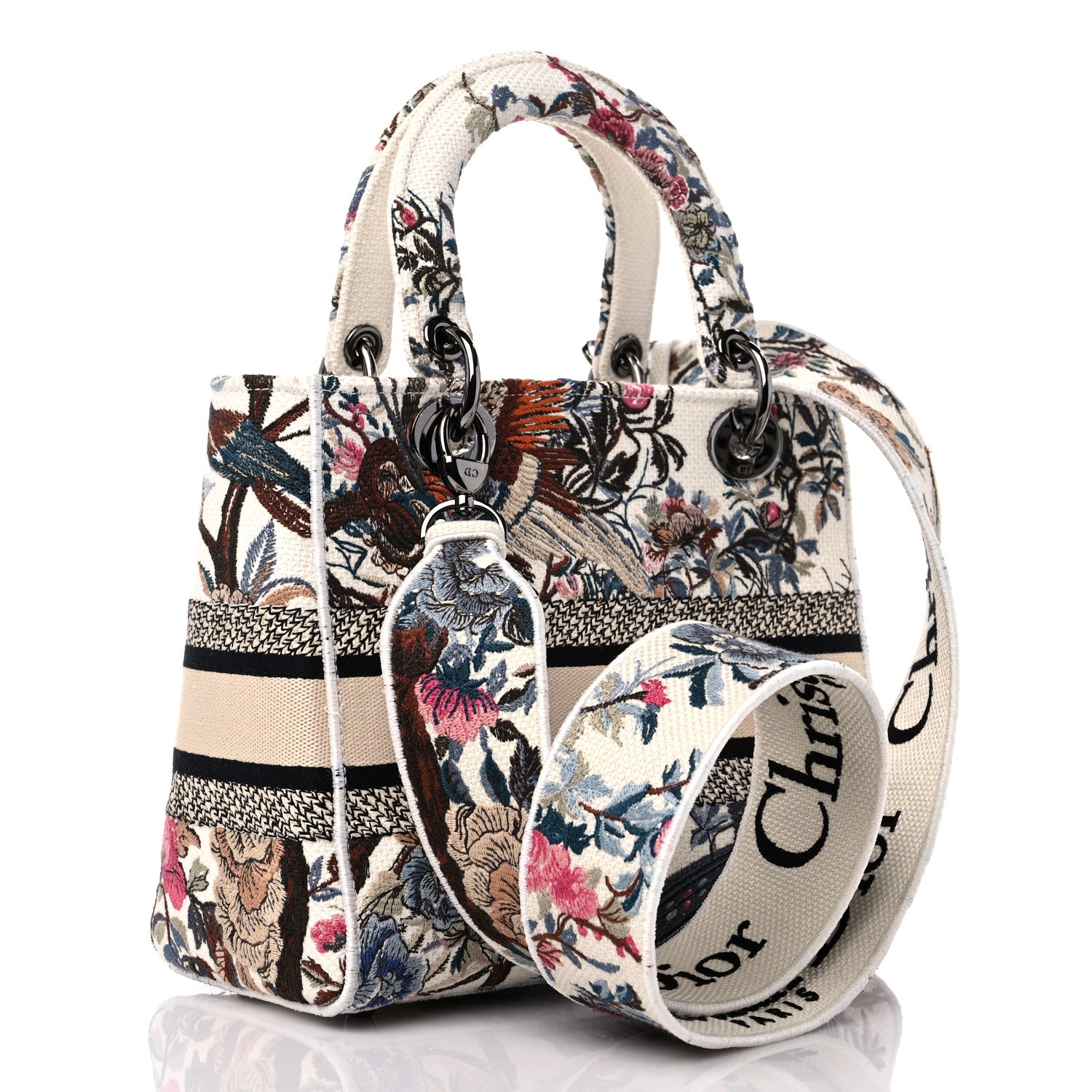 Christian Dior Canvas Jardin D'Hiver Embroidered Medium Lady D-Lite Ecru Multicolor 3 of 9